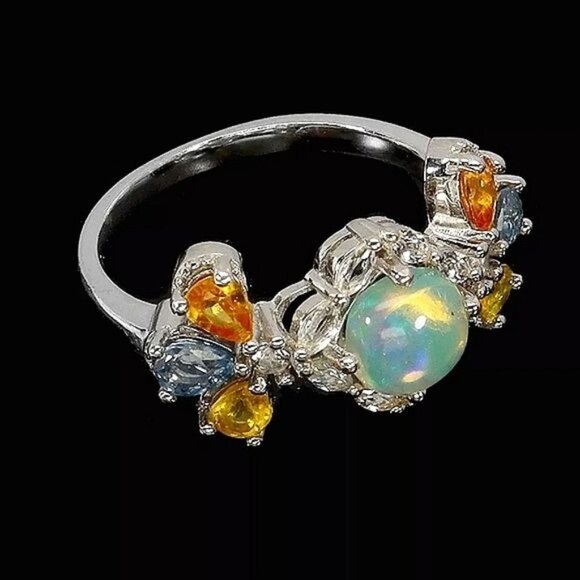 Natural Fire Opal 6mm, Sapphire, Topaz 925 Sterling Silver Jewelry Ring Sz 6.75 - Picture 4 of 7